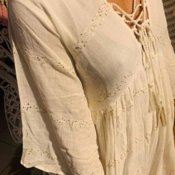 GOLD SILVER Ivory and Gold Sequins Maxi Beach Dress Plunging Neckline with Lace - Picture 3 of 8